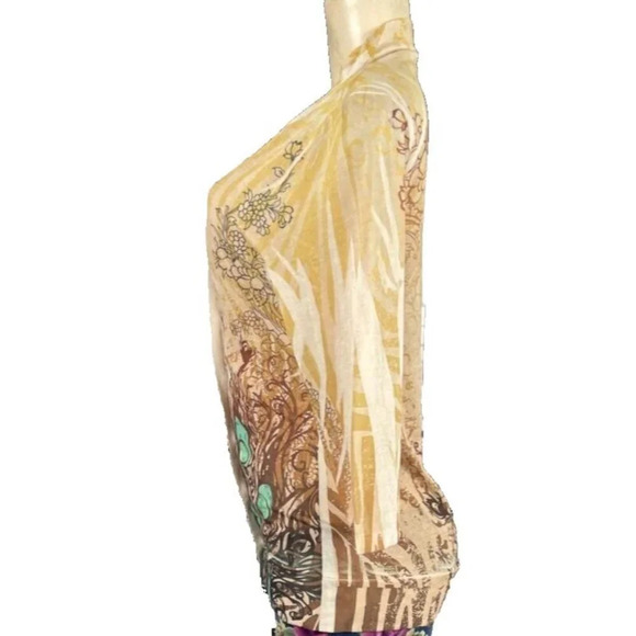 Suki Jones Jrs L Fawn Abstract Peacock Print Low V-Neck Button 3/4 Sleeve Top - Picture 5 of 6